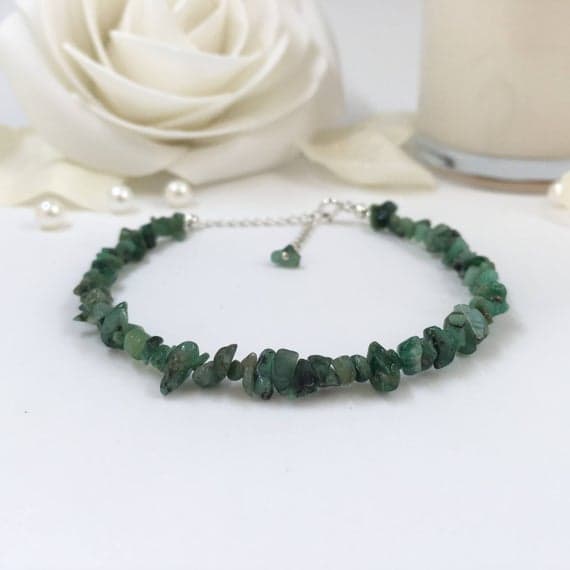 925 sterling Silver Grounding 2x1-7x2mm stacking Green Emerald Bracelet Chips, Faceted 7" for mens, womens, gf, bf & Adult.