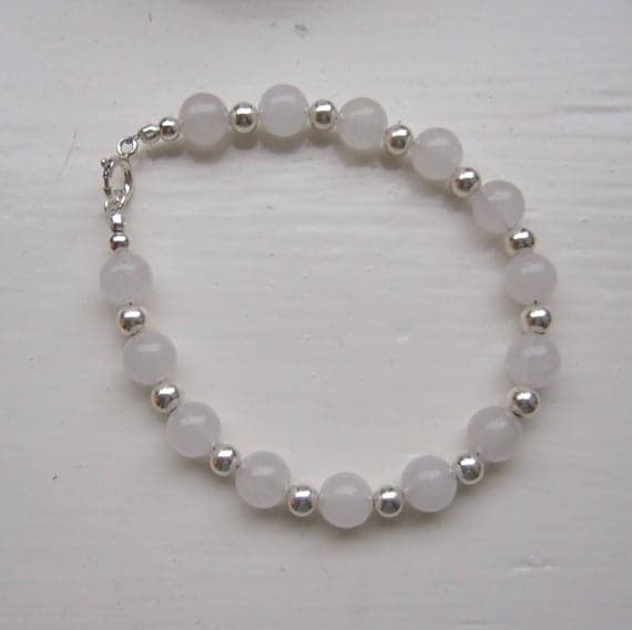 White Moonstone and Sterling Silver Bead 7.5" Threaded Bracelet with Sterling Silver Bolt Clasp and Findings 3-6mm Code- WAR6158