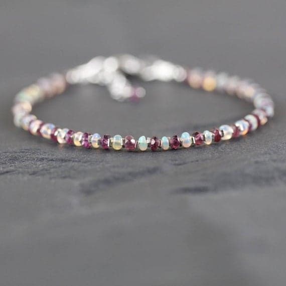 925 sterling Silver good luck gift Silver Helling 2.5mm stacking Multi Rhodolite Garnet & Ethiopian Welo Opal Bracelet Rondelle, Faceted & Smooth 7" for mens, womens, gf, bf & Adult.