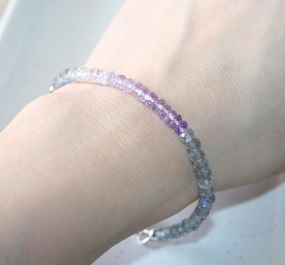 925 sterling Silver top quality 4-4.5mm stacking Multi Labradorite and Amethyst  Bracelet Rondelle, Faceted 7" for mens, womens.
