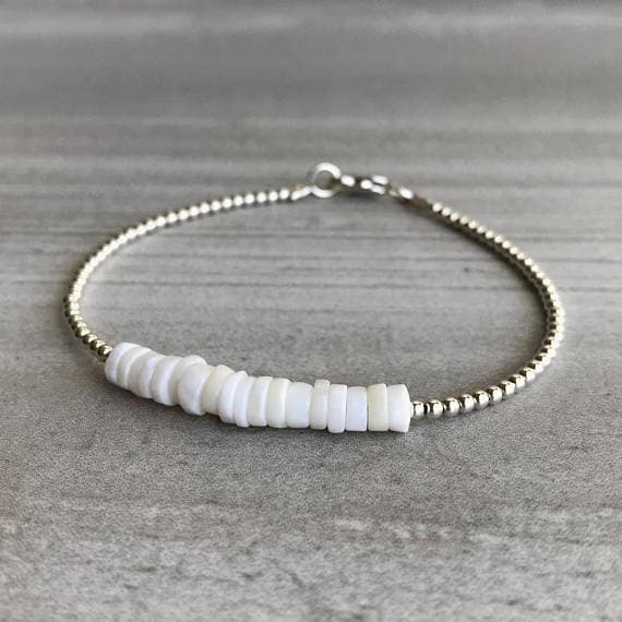 925 sterling silver Dainty Slave Loose 5mm White Genuine Opal  stacking Bracelet Rondelle, Smooth 18cm for mens, womens, gf, bf and adults.