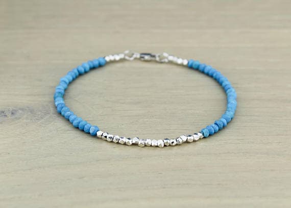 925 sterling Silver chakras simple 3mm stacking Blue Turquoise Bracelet Rondelle, Faceted 7" for mens, womens.