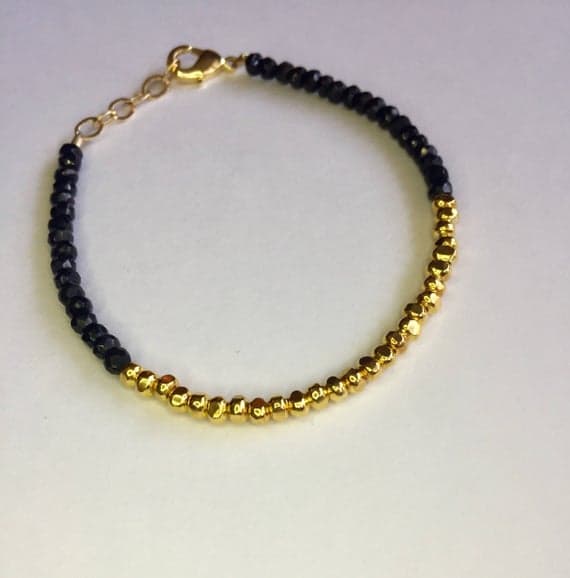 24k gold Plated Grounding Gold Helling 3-4mm stacking Black Black Spinel Bracelet Rondelle, Faceted 7" for mens, womens, gf, bf & Adult.