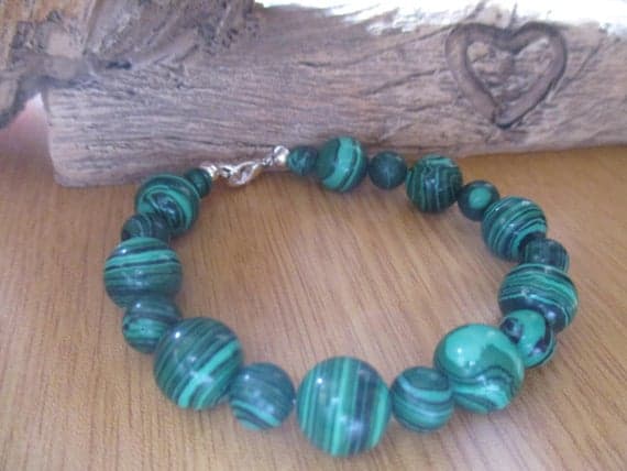 925 sterling silver Anxiety Relief Calming 8-12mm Green Green Malachite stacking Bracelet Round, Smooth 18cm for mens, womens, gf, bf and adults.