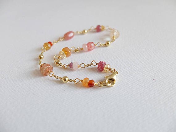 AAA++ Rare Quality Dainty, feminine handwrapped,rosary style bracelet,Pink and Orange Gemstone Jewelry, danty gemstone Gold  filled bracelet, multi gemstone 3 to 6 mm Code- TJH96