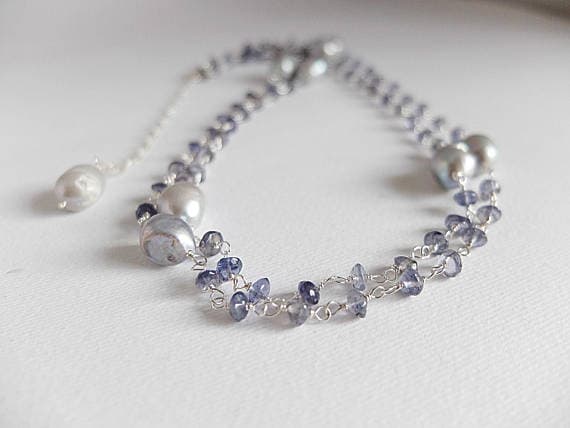 AAA++ Rare Quality Blue iolite gemstone,freshwater gray baroque pearls, long necklace.Wire wrapped gemstone jewles,Rosary style blue long necklace gray pearls 3/4 mm Code- TJH153