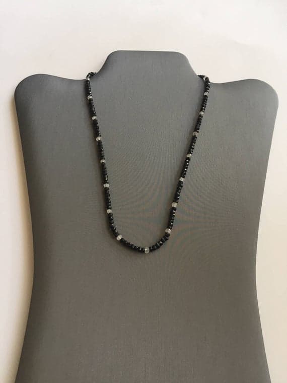 925 sterling Silver Anxiety Relief Calming 3mm stacking Black & White Black Spinel & Moonstone Necklace Rondelle, Faceted 20" for mens, womens, gf, bf & Adult.