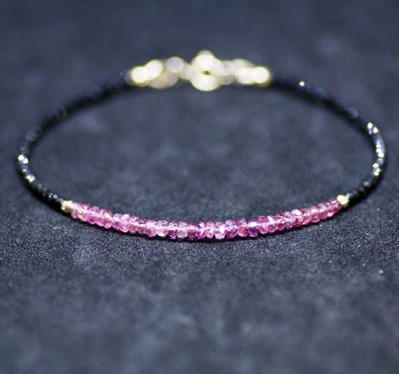 24k gold Plated Personalized Gift Gold Helling 2-3mm stacking Black & Pink Natural Black Spinel and Pink Tourmaline Bracelet Rondelle, Faceted 7" for mens, womens, gf, bf & Adult.