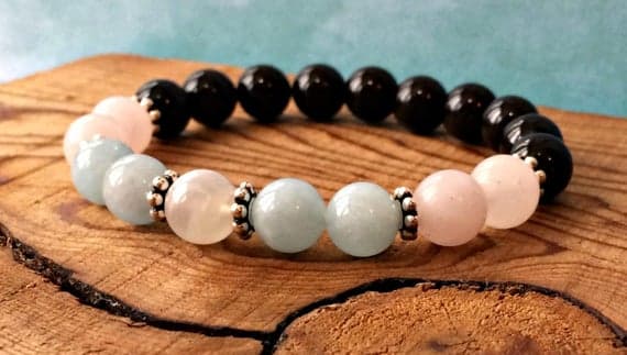 Personalized Gift 8mm Stretchable Multi Black Tourmaline, Rose Quartz, Aquamarine & Moonstone Bracelet Round , Smooth 7" for mens, womens, gf, bf & Adult.