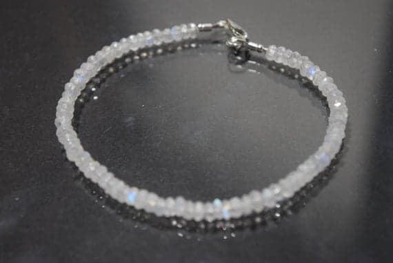 Anniversary Gift 4mm stacking White Rainbow Moonstone Bracelet Rondelle, Faceted 7" for mens, womens.