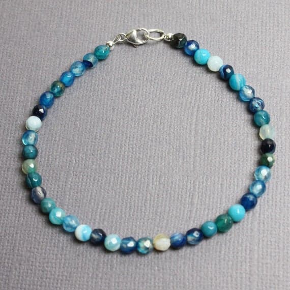 925 Steling Silver chakras simple 4 mm Stracking blue Blue Agate Bracelet Rondelle, Faceted 7" for mens, womens, GF, BF, Adults.