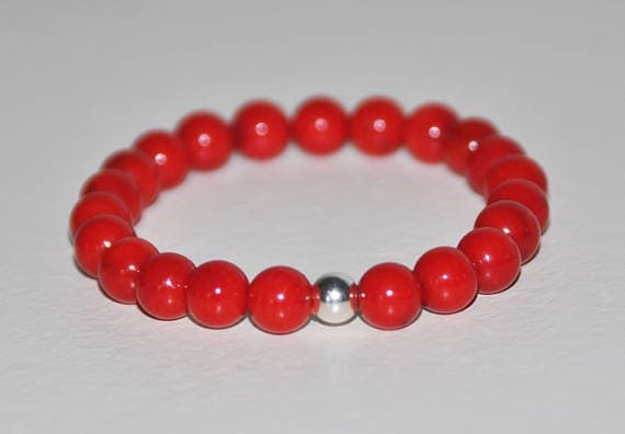 925 sterling silver Anxiety Gemstone 8mm Red Red Coral  Stretchable Bracelet Round, Smooth 18cm for mens, womens, gf, bf and adults.