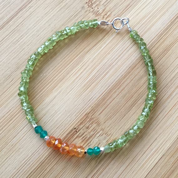 925 sterling Silver Anxiety Gemstone 3-3.5mm stacking Multi Peridot and Orange Carnelian Bracelet Rondelle, Faceted 7" for mens, womens.