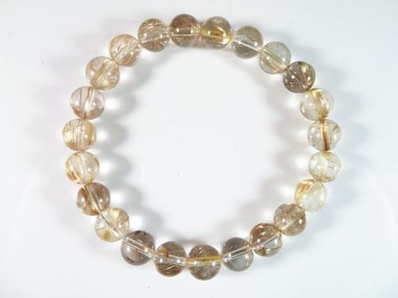 Anxiety Gemstone 8mm Stretchable Golden Gold en Rutilated Quartz  Bracelet Round, Smooth 7" for mens, womens, gf, bf & Adult.