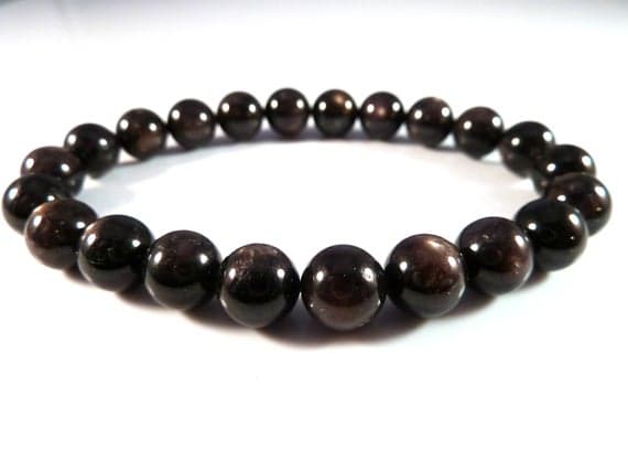 Handmade Beaded 10mm Stretchable Black Black Star Sapphire Bracelet Round, Smooth 7.5" for mens, womens, gf, bf & Adult.