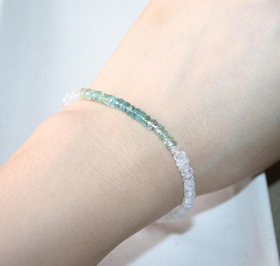 925 sterling Silver chakras simple 3.5-4mm stacking Multi Moonstone and Tourmaline Bracelet Rondelle, Faceted 7" for mens, womens.