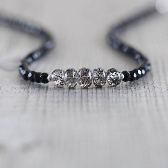925 sterling Silver Anxiety Relief Calming Silver Helling 4-5mm stacking Black Black Rutilated Quartz & Spinel Necklace Round, Faceted 16" for mens, womens, gf, bf & Adult.