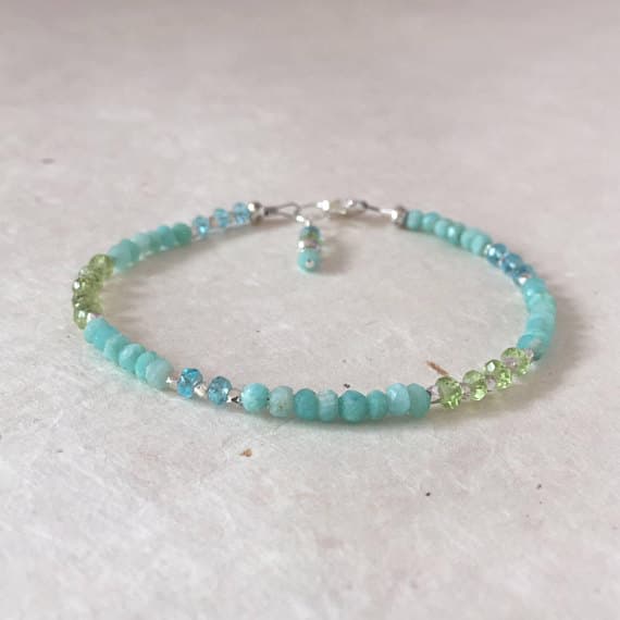 Amazonite Apatite Peridot Karen Hill Tribe Thai Silver Beaded Stacking Bracelet, Sundance Style, Boho Chic, Layering Bracelet 3-4mm Code- WAR6430