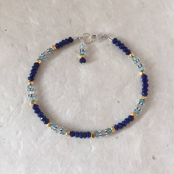 Lapis Lazuli Apatite Aquamarine Karen Hill Tribe Thai Silver and Gold Beaded Bracelet, Sundance Style, Dainty Bracelet, Layering Bracelet 3-5mm Code- WAR6429