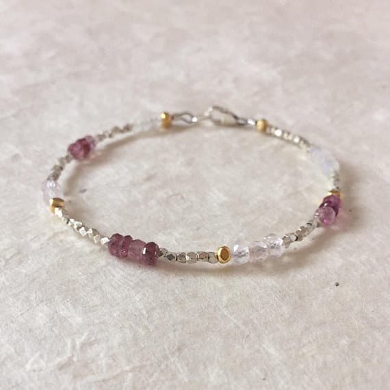 Pink Tourmaline Moonstone Pink Quartz Karen Hill Tribe Thai Gold and Silver Beaded Bracelet, Sundance Style, June Birthstone 3-4mm Code- WAR6431