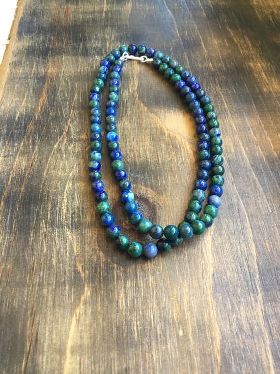 925 sterling Silver Handmade Beaded 4mm stacking Green Chrysocalla Necklace Round, Smooth 32" for mens, womens, gf, bf & Adult.
