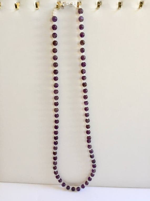 925 sterling Silver Galaxy Jewelry 3-5mm stacking Purple Amethyst & Moonstone Necklace Round, Smooth 23" for mens, womens, gf, bf & Adult.