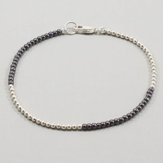 Hematite Bracelet Sterling Silver Stacking Layering Everyday Dainty Delicate Bridal Wedding Girlfriend Gift for Women Wife Mom Gemstone 2mm  Code- WAR6556