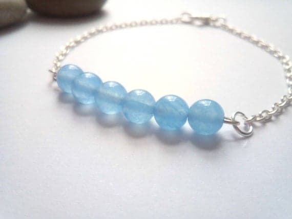 925 sterling Silver Rock Gift 6mm stacking Blue Aquamarine Bracelet Round, Smooth 7" for mens, womens.