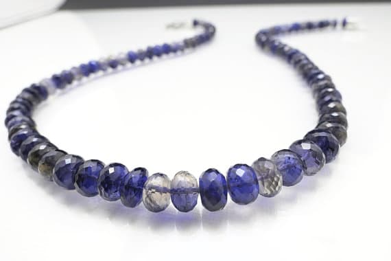 925 sterling Silver Anxiety Gemstone 7-8.5mm stacking Purple Iolite & Cordierite Necklace Rondelle, Faceted 17" for mens, womens.