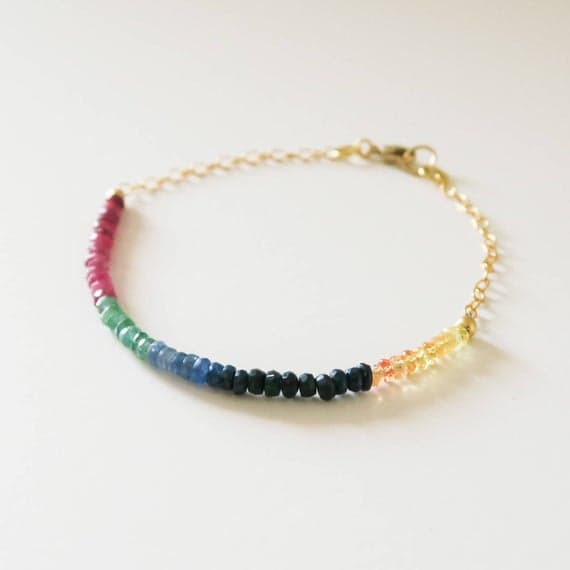 24k gold Plated Blush Jewelry 3-4mm stacking Multi Sapphire & Emerald & Ruby & Rainbow Bracelet Rondelle, Faceted 7" for mens, womens.