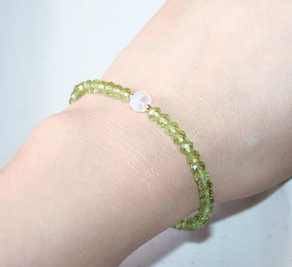 24k gold Plated Bridesmaid Jewelry 4-6mm stacking Green Peridot and Moonstone Bracelet Round, Faceted 7" for mens, womens.