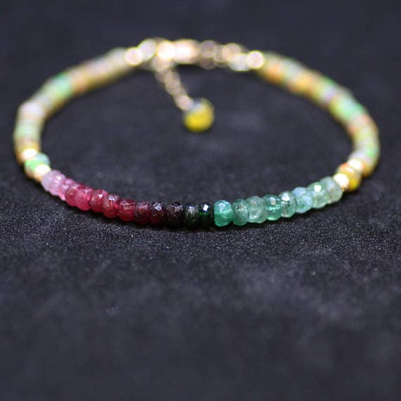24k gold Plated chakras simple 3-4mm stacking Multi Natural Ethiopian Wello Opal , Emerald and Ruby Bracelet Rondelle, Faceted 7" for mens, womens, gf, bf & Adult.