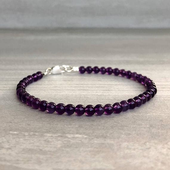 925 sterling silver love beach youth 4mm Purple Genuine Amethyst stacking Bracelet Round, Smooth 18cm for mens, womens, gf, bf and adults.