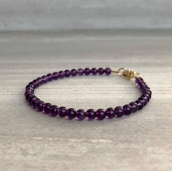 24k gold Grounding 4mm Purple Amethyst stacking Bracelet Round, Smooth 18cm for mens, womens, gf, bf and adults.