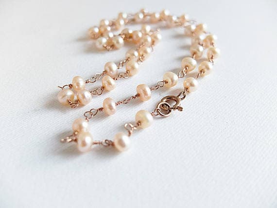 AAA++ Rare Quality Delicate,Rose Gold  Filled Pink Pearl Rosary Necklace,freshwater pearl necklace,handwrapped with rose Gold  filled wire in rosary style,pink 6 mm Code- TJH146