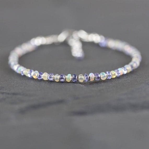 925 sterling Silver Anxiety Relief Calming Silver Helling 2.5mm stacking Multi Ethiopian Welo Opal & Tanzanite Bracelet Rondelle, Smooth 7" for mens, womens, gf, bf & Adult.