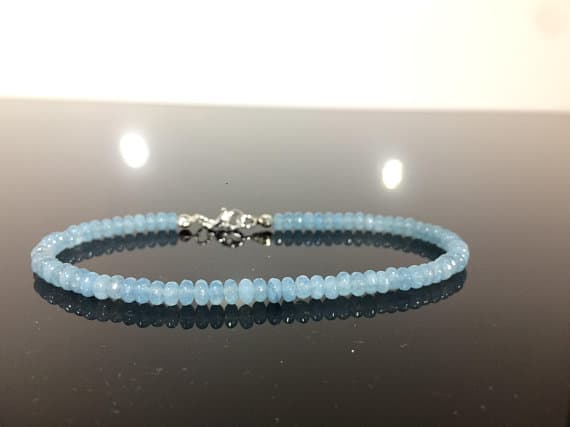 925 sterling Silver good luck gift Silver Helling 4-5mm stacking Blue Aquamarine Bracelet Rondelle, Smooth 7" for mens, womens, gf, bf & Adult.