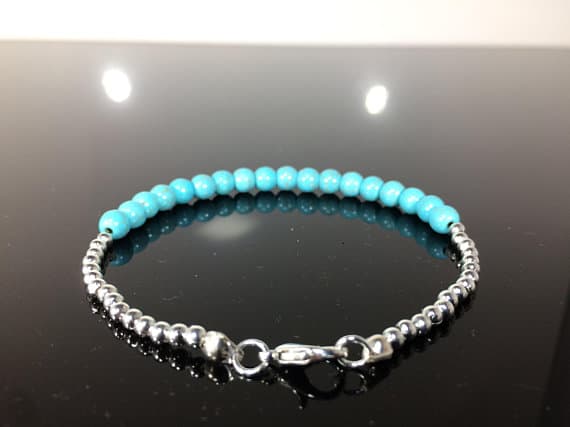 925 sterling Silver Empath Protection Silver Helling 4-5mm stacking Blue Turquoise Bracelet Rondelle, Smooth 7" for mens, womens, gf, bf & Adult.