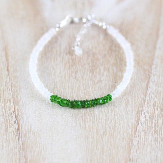 925 sterling Silver love beach youth 3.5-4mm stacking Multi Chrome Green Tourmaline & Rainbow Moonstone Bracelet Rondelle, Smooth 7" for mens, womens, gf, bf & Adult.