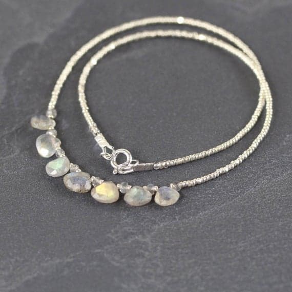 925 sterling Silver Rock Gift Silver Helling 7-8mm stacking Gray Labradorite Necklace Heart, Faceted 16" for mens, womens, gf, bf & Adult.