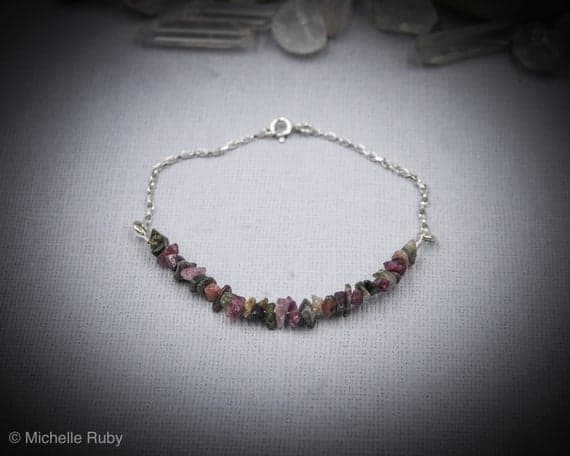 925 sterling Silver Artisan Loose 4x6mm stacking Multi Raw Tourmaline Bracelet Chips, Faceted 7" for mens, womens, gf, bf & Adult.