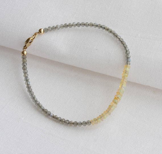 24k gold Plated Galaxy Jewelry Gold Helling 2.5mm stacking Multi Labradorite & Welo opal Bracelet Rondelle, Faceted 7" for mens, womens, gf, bf & Adult.