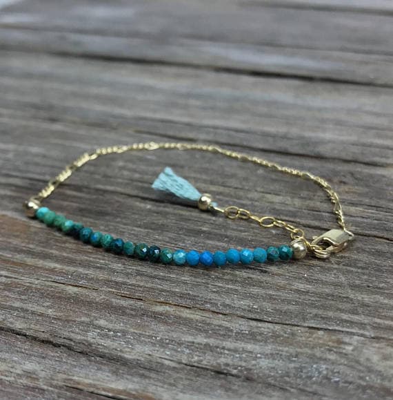 Turquoise gemstone bracelet / Chrysocolla bracelet / Bohemian bracelet / Dainty gemstone bracelet / Boho jewelry / Tassel bracelet / Skinny 2mm  Code- WAR6733