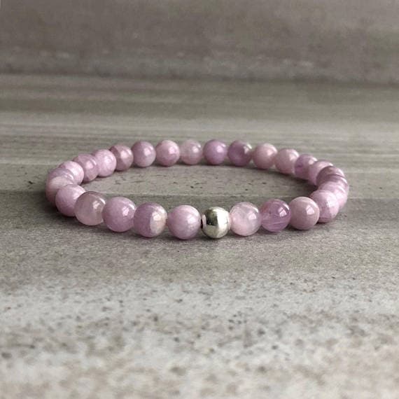 925 sterling silver Blush Jewelry 6mm Pink Kunzite Stretchable Bracelet Round, Smooth 18cm for mens, womens, gf, bf and adults.