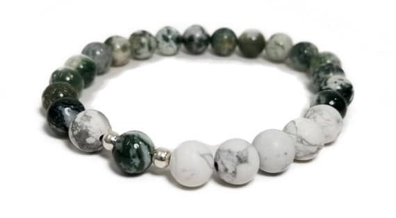Natural silver helling 8mm Stretchable green & white Moss Agate & Howlite Bracelet Round, Smooth 7" for mens, womens, GF, BF, Adults.