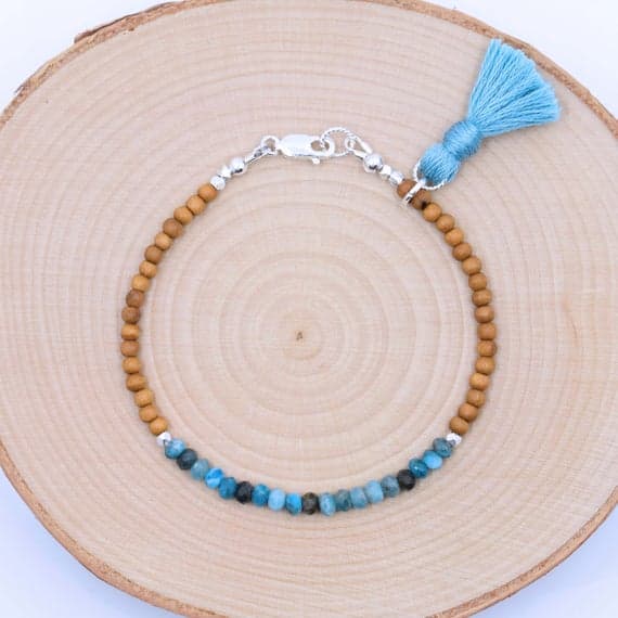 Boho Apatite Bracelet / Sandalwood Bracelet / Sterling Silver Bracelet / Beaded Bracelet with Tassel / Stackable / Bohemian / Blue Gemstone 3.5-4mm Code- WAR6895