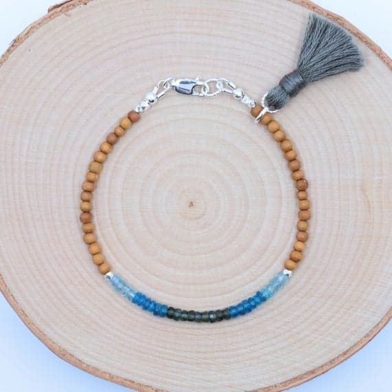 Boho Tri Color Apatite Bracelet / Sandalwood Bracelet / Sterling Silver Bracelet / Beaded Bracelet with Tassel /Stackable / Bohemian / Gift 3.5mm  Code- WAR6894