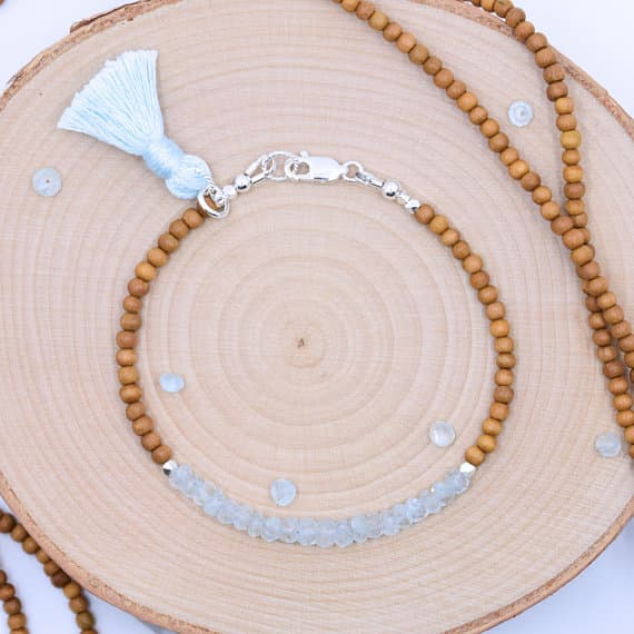 Boho Aquamarine Bracelet / Sandalwood Bracelet / Sterling Silver Bracelet / Beaded Bracelet with Tassel / Stackable / Blue Gemstone 3.5-4mm Code- WAR6893