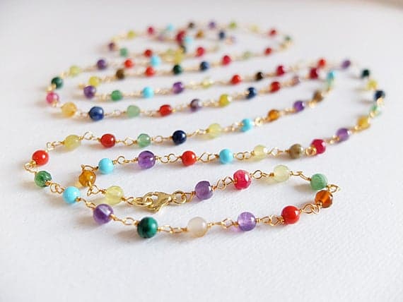 AAA++ Rare Quality Multi Gemstone colorful,long necklace,Gold  filled,Multi-way chain necklace made from colored mixed gemstones,double strand necklace,gemstone 4 mm-5 mm Code- TJH143