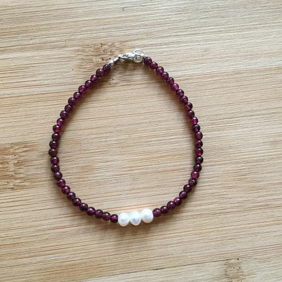 925 sterling Silver Grounding 2mm stacking Red Freshwater Pearl and Garnet Bracelet Round, Smooth 7" for mens, womens.